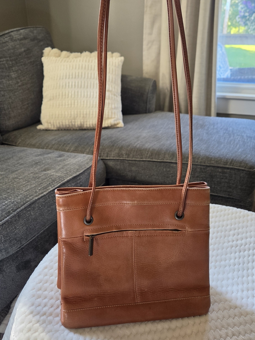 Wilsons Leather Cognac Brown Leather Tote Shoulder Bag Front Zip Pocket
